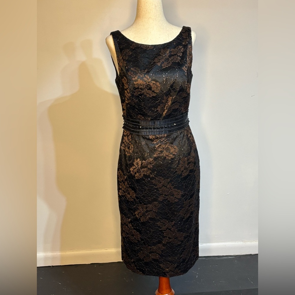 Carmen Marc Valvo Black and Brown Lace Midi Dress